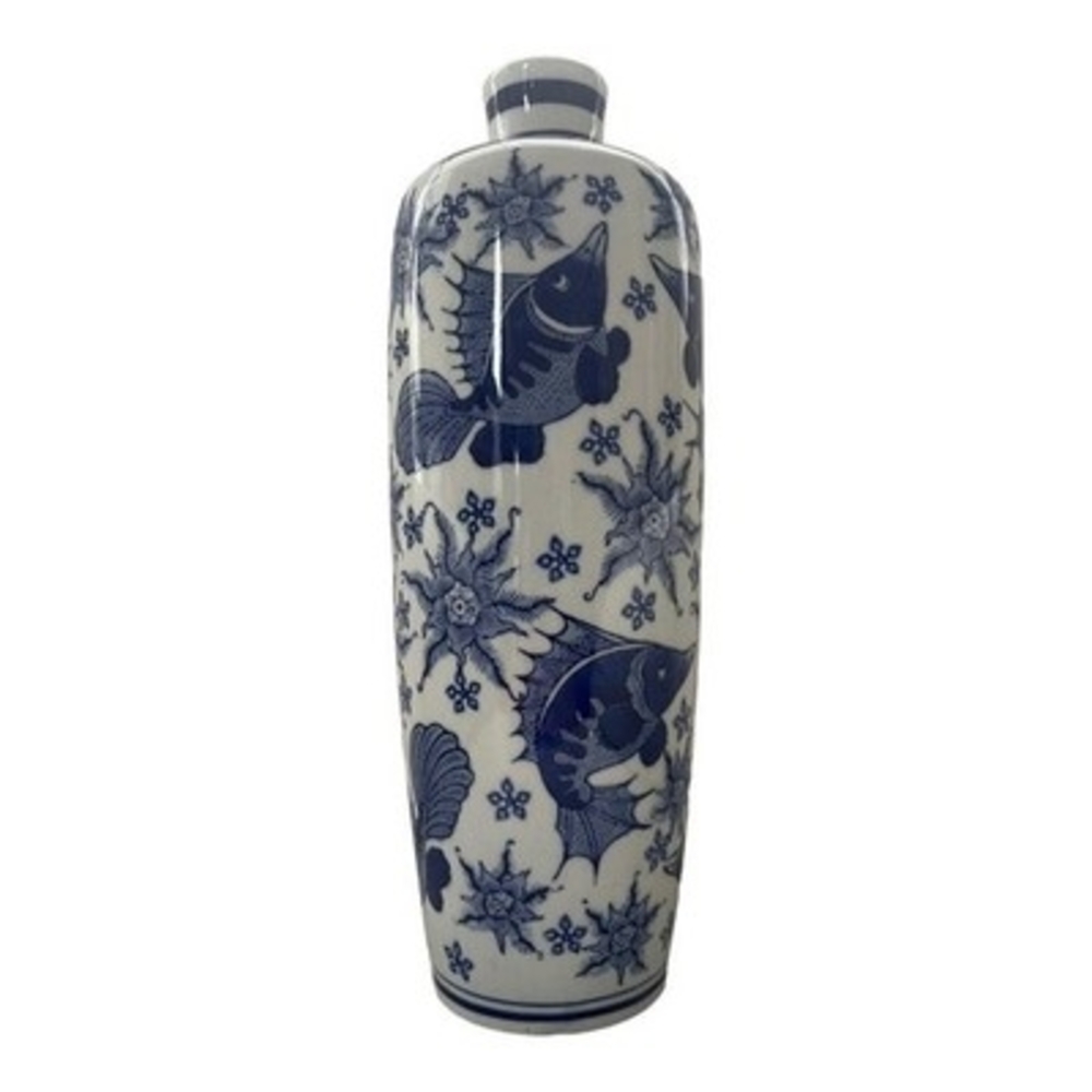 Vintage Chinese Blue White Porcelain Vase 12.5" Sea Fauna Fish Pattern Tall VG